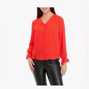 Tahari Button Up Peasant Sleeve Blouse